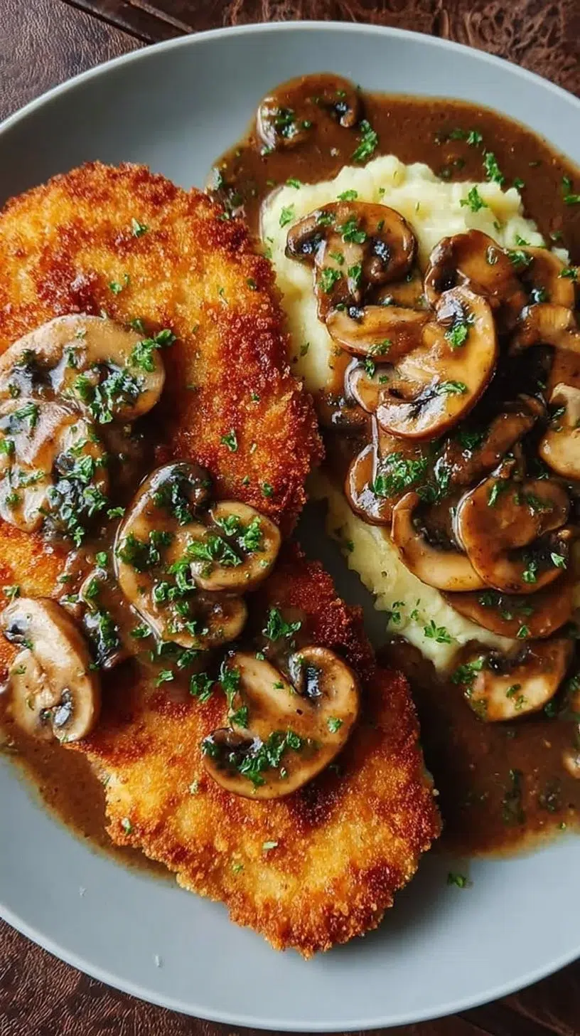 Chicken Schnitzel topped with savory mushroom gravy on a plate
