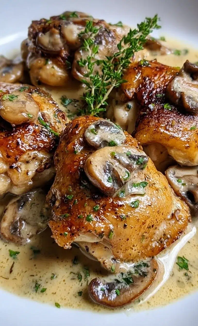 Delicious chicken thighs in creamy mushroom garlic sauce