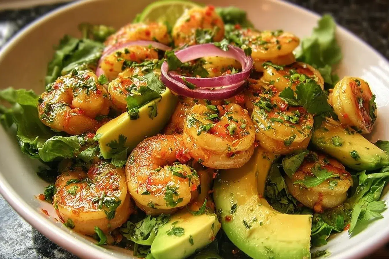 Cilantro lime shrimp and avocado salad in a bowl, garnished with fresh cilantro.