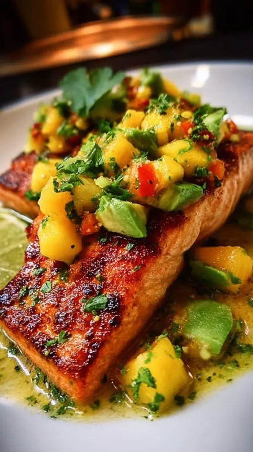 Coconut Lime Salmon served with Avocado Mango Salsa on a plate