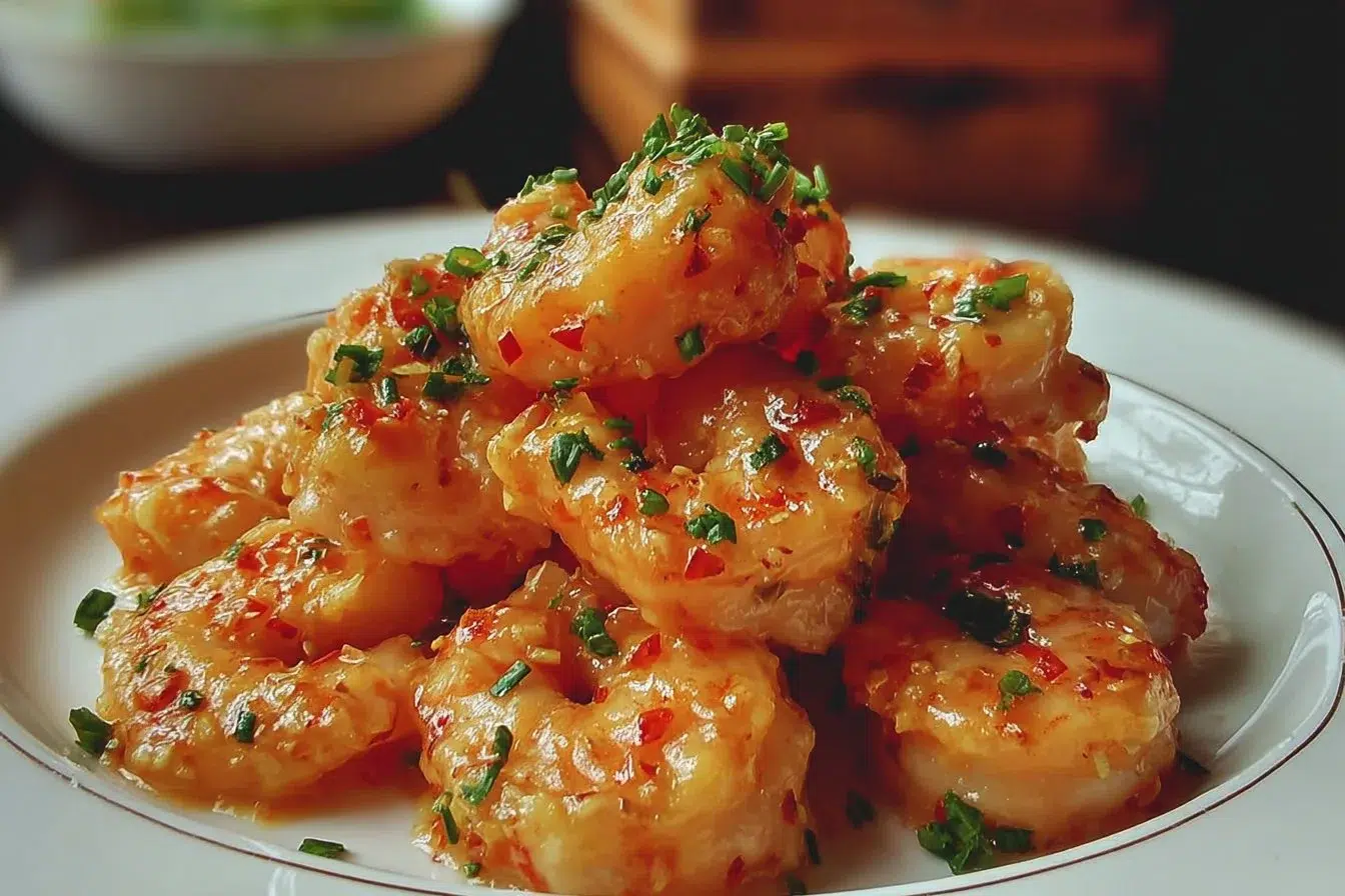 Plate of creamy Bang Bang Shrimp garnished with green onions and sesame seeds