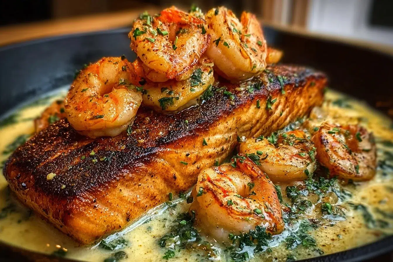 Creamy blackened salmon dish garnished with shrimp, ready to serve.