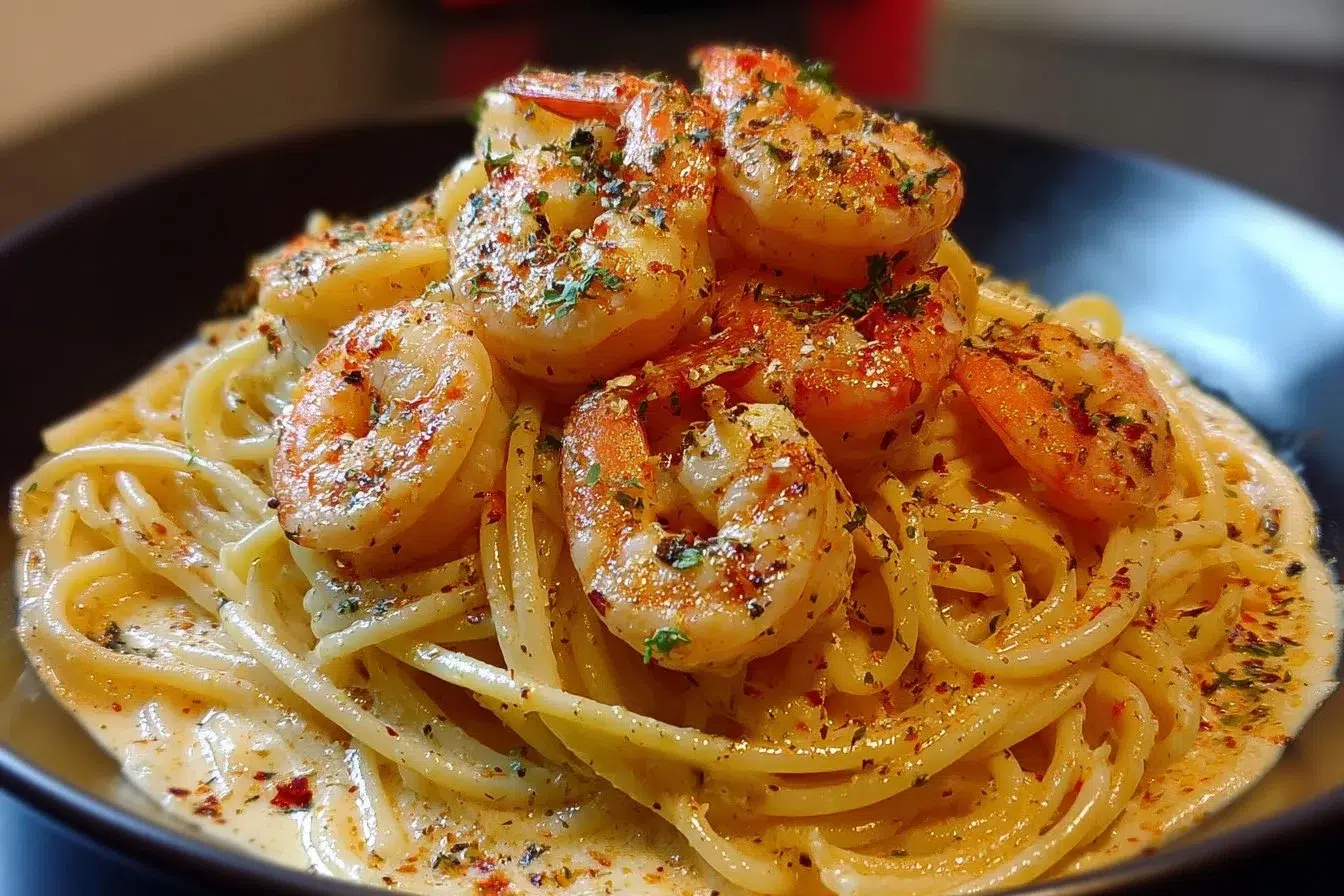 Creamy Cajun shrimp pasta volcano served in a bowl with spices and herbs