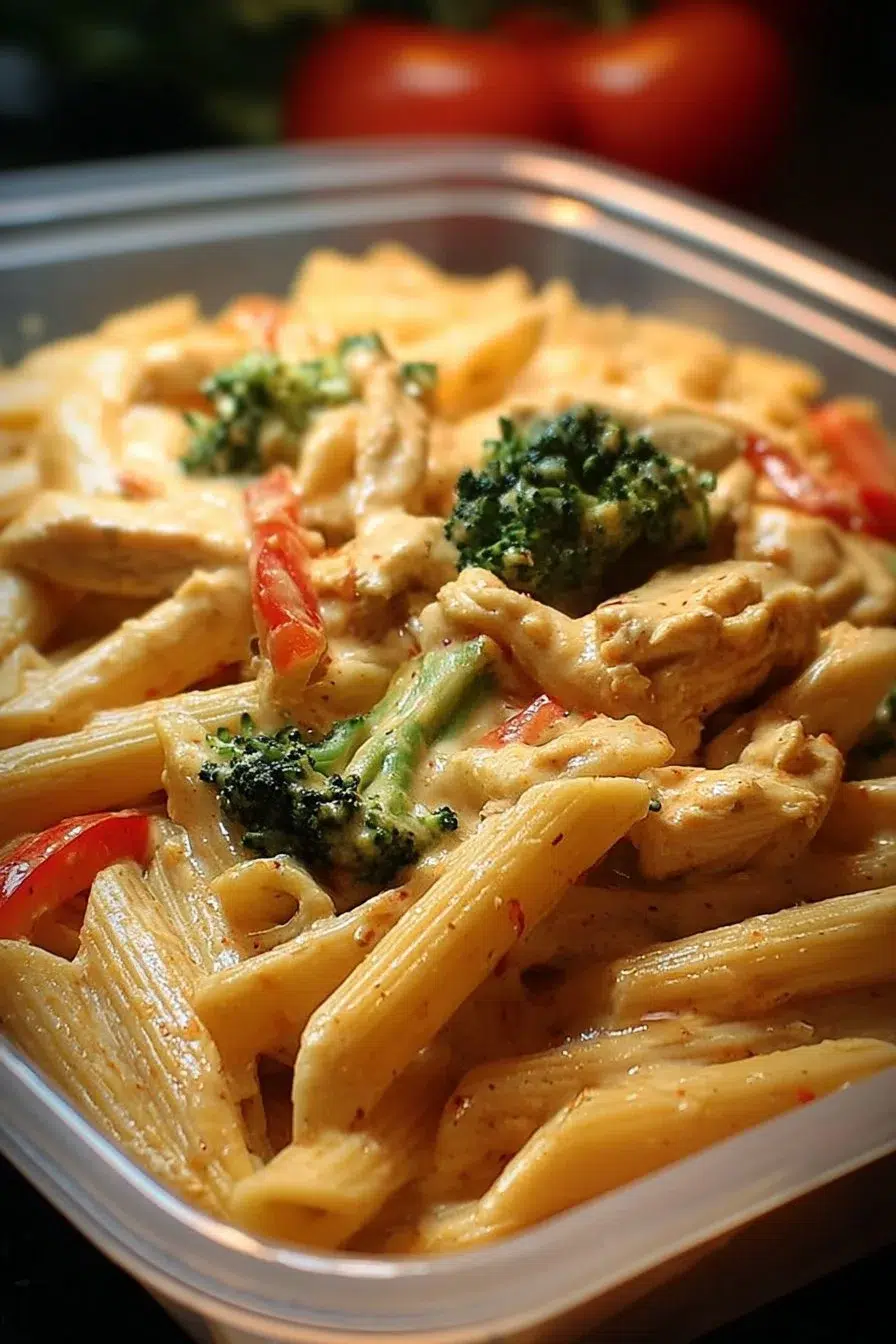Creamy chicken pasta with broccoli and peppers in a bowl