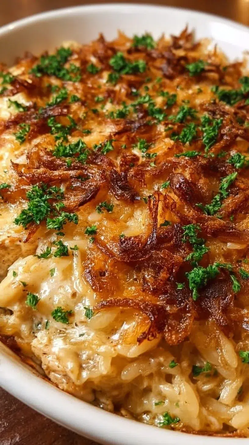 Creamy French onion chicken orzo casserole topped with melted cheese