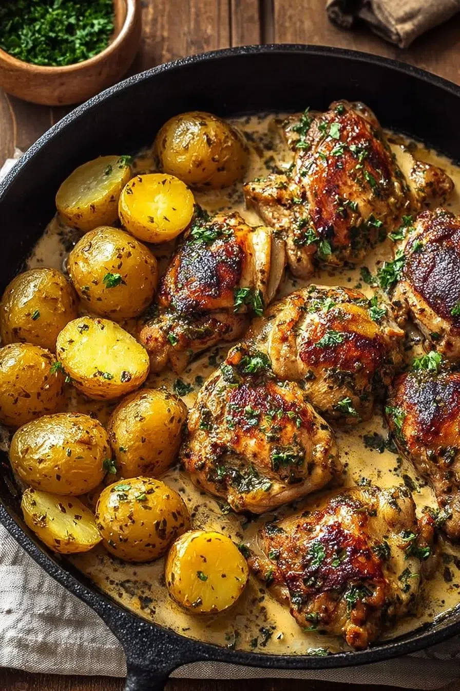Creamy garlic herb chicken thighs served with crispy baby potatoes