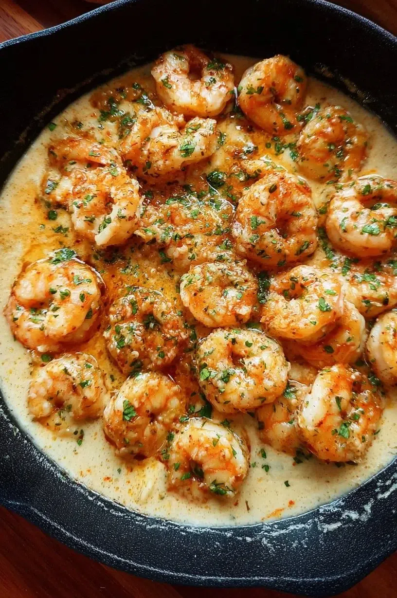 Creamy garlic shrimp dish served in a bowl, garnished with parsley.