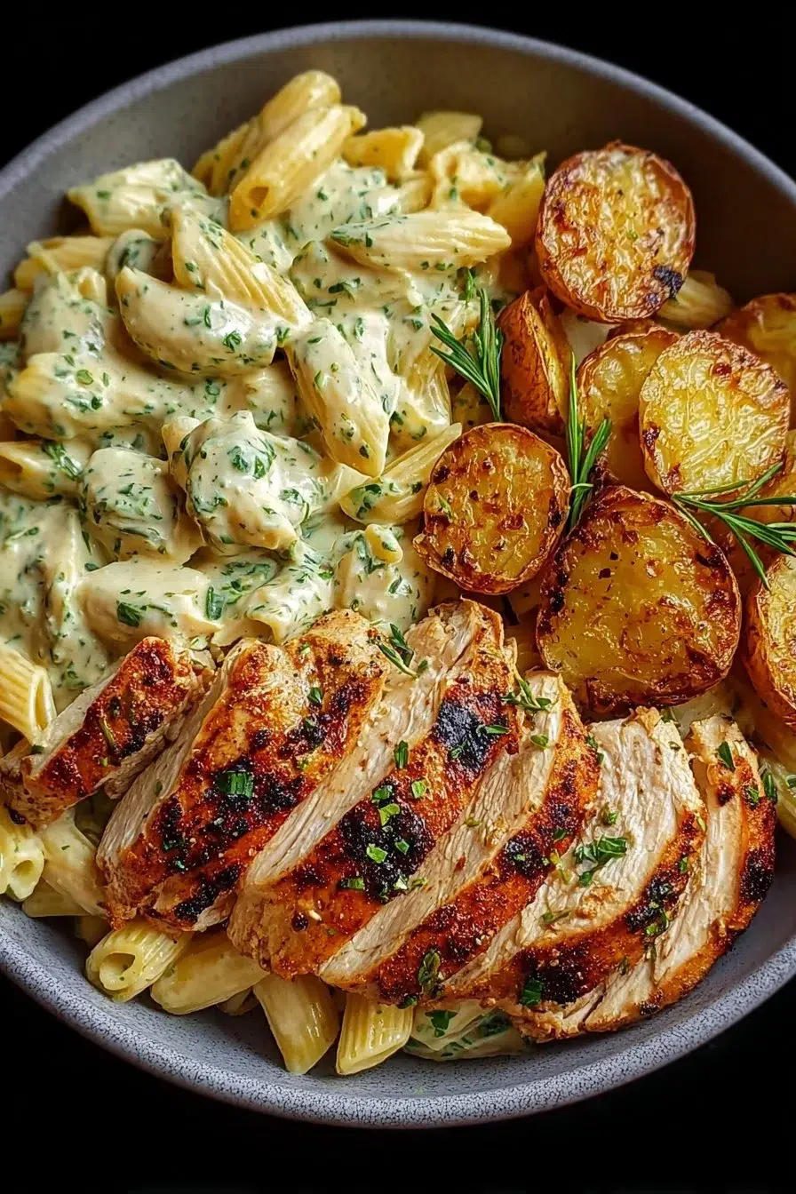 Creamy herb pasta bowl with grilled chicken and roasted potatoes