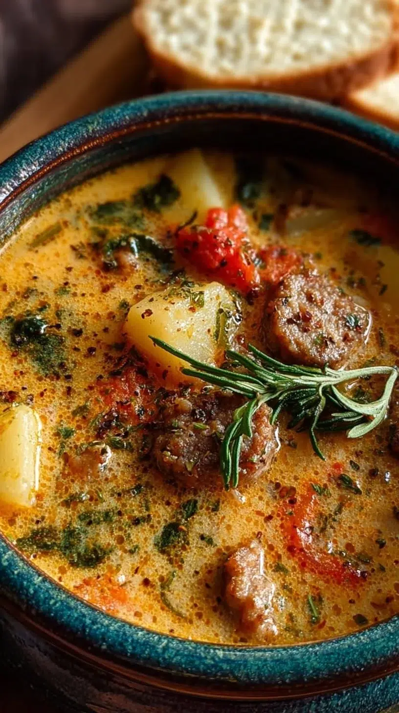 Bowl of creamy Italian sausage and potato soup, garnished with parsley.