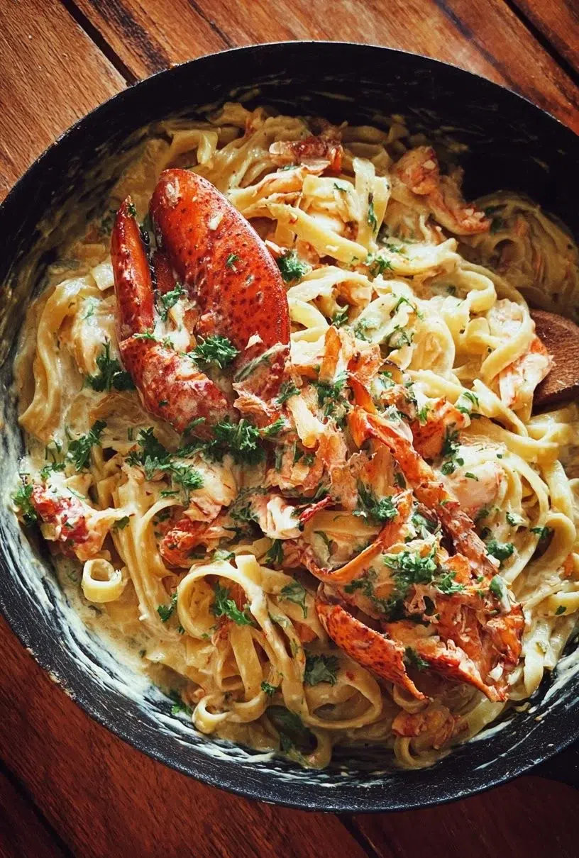 Creamy lobster pasta garnished with herbs and served in a bowl