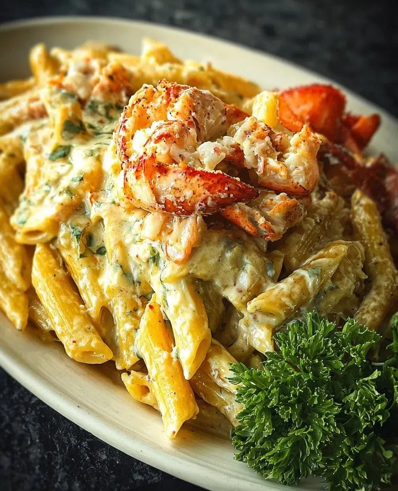 Delicious creamy lobster penne pasta dish served in a bowl