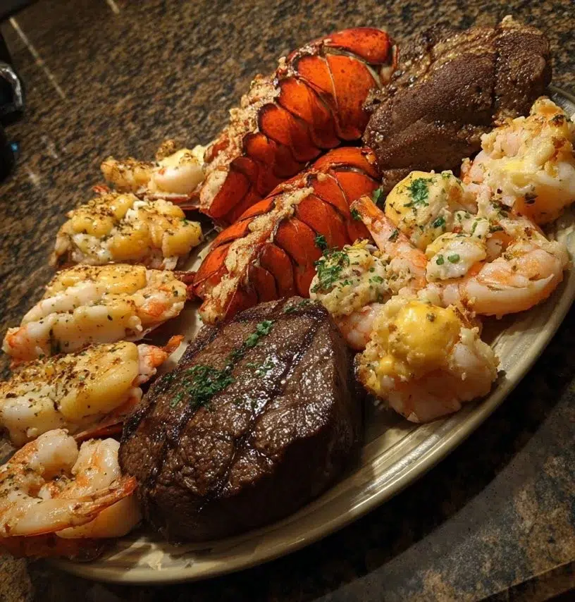 Creamy surf and turf platter with lobster, steak, and shrimp on a plate