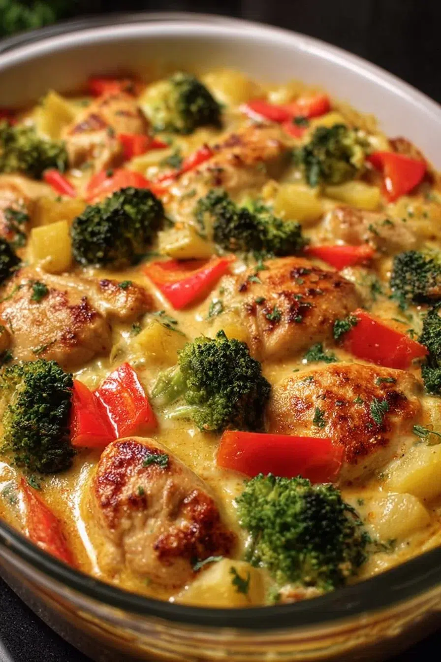 Creamy Pineapple Chicken Bake with Broccoli and Peppers served on a plate