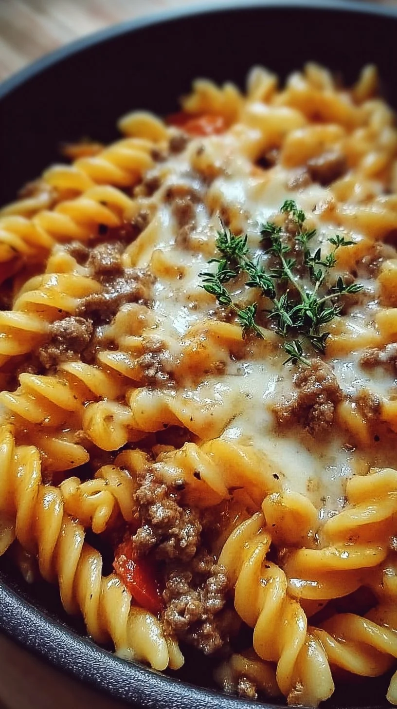 Bowls of creamy Rotel pasta with ground beef garnished with herbs