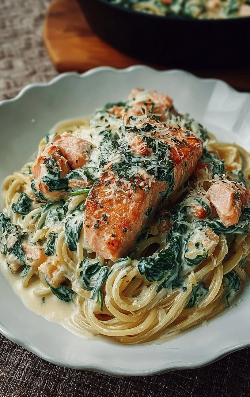 Creamy salmon and spinach pasta dish served in a bowl