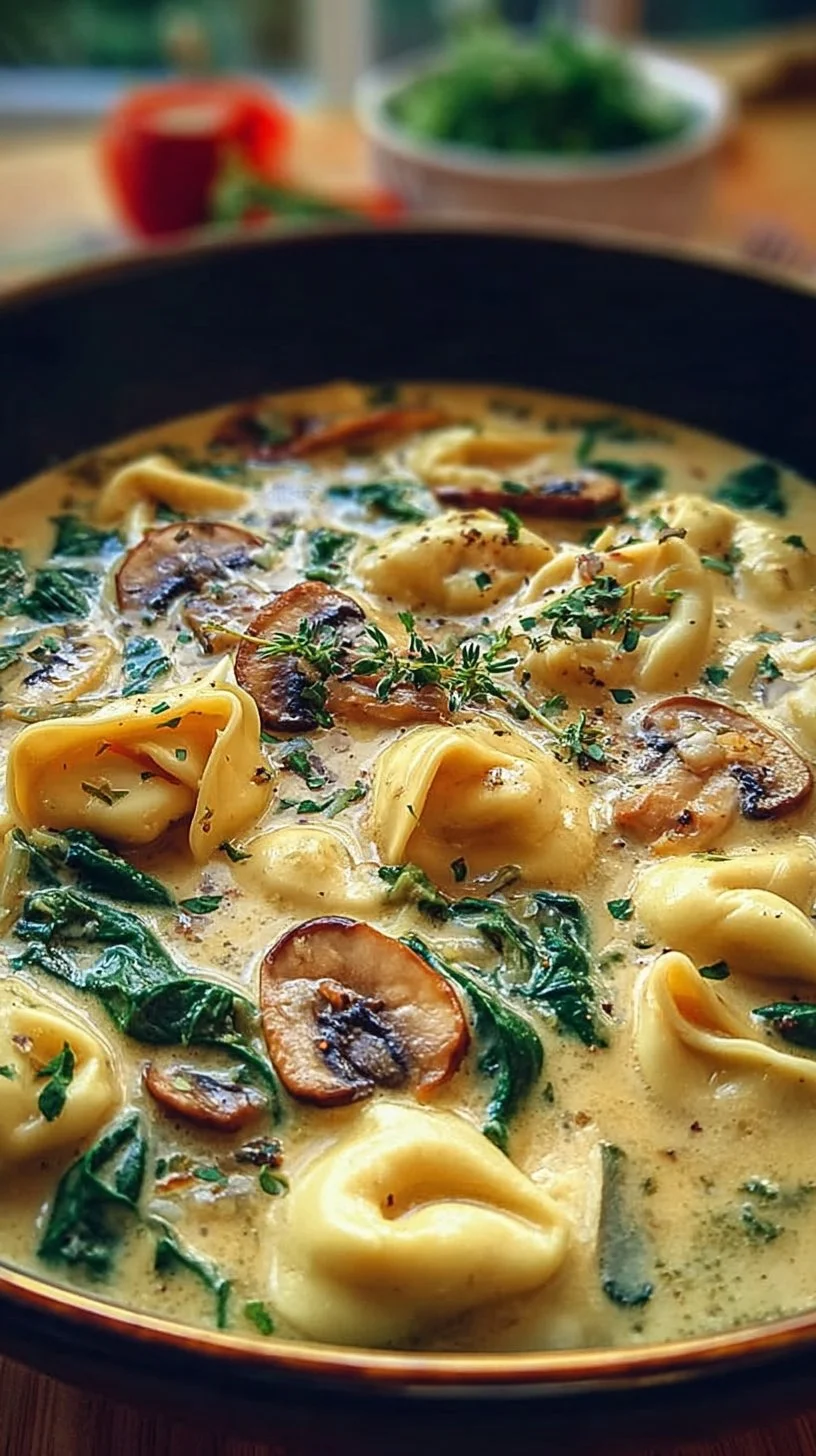 Creamy spinach mushroom tortellini soup served in a bowl with fresh herbs