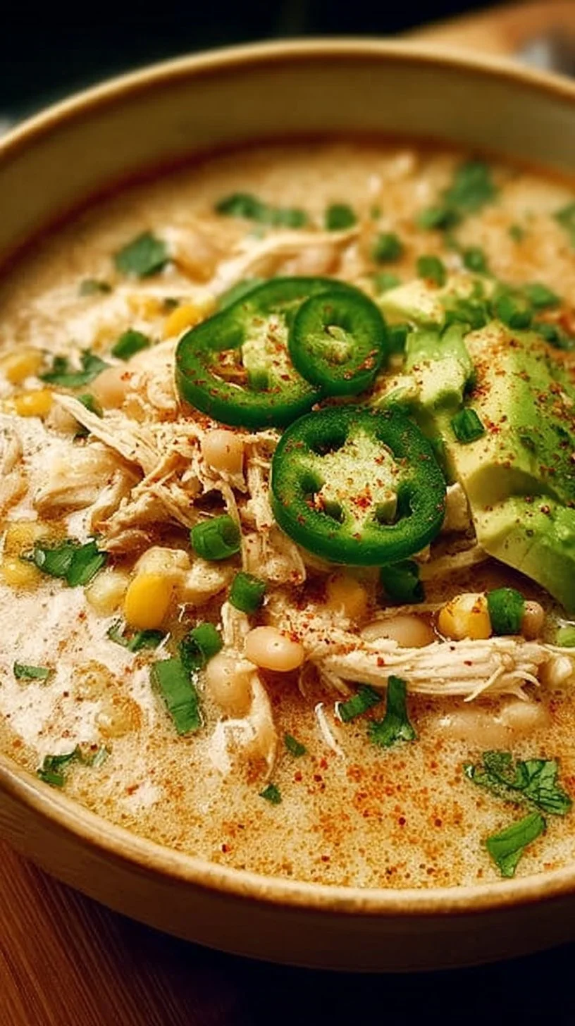 Bowl of creamy white chicken chili garnished with cilantro and lime