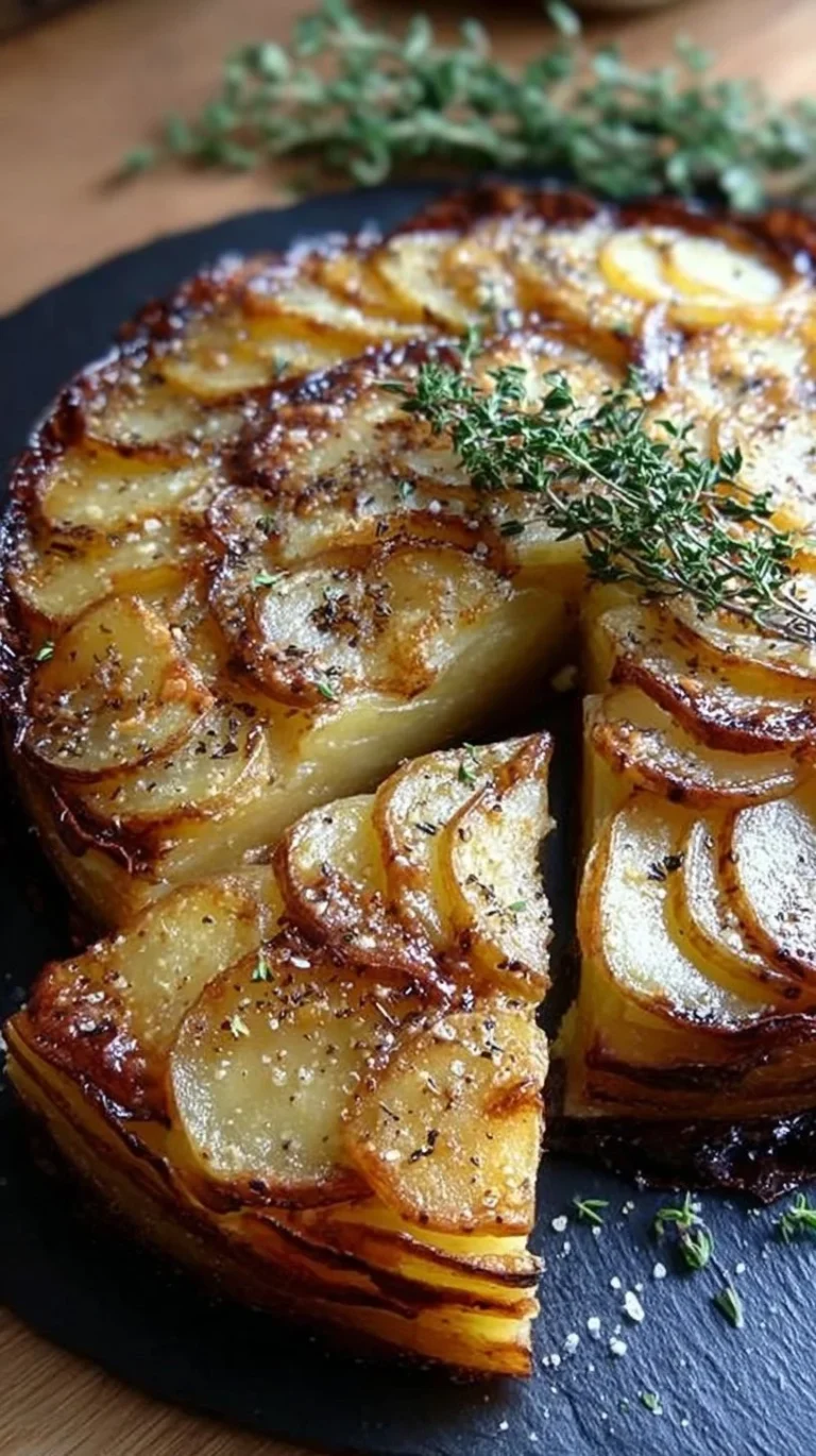 Crispy balsamic potato torte garnished with fresh thyme