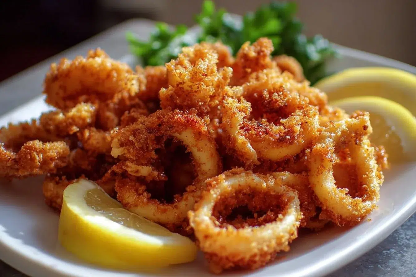 Plate of crispy fried calamari served with dipping sauce