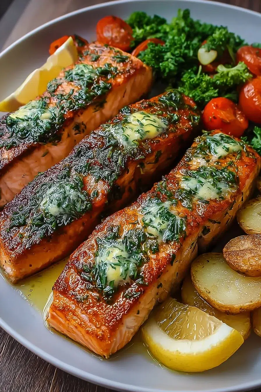 Pan-seared salmon fillet garnished with garlic herb butter on a plate.