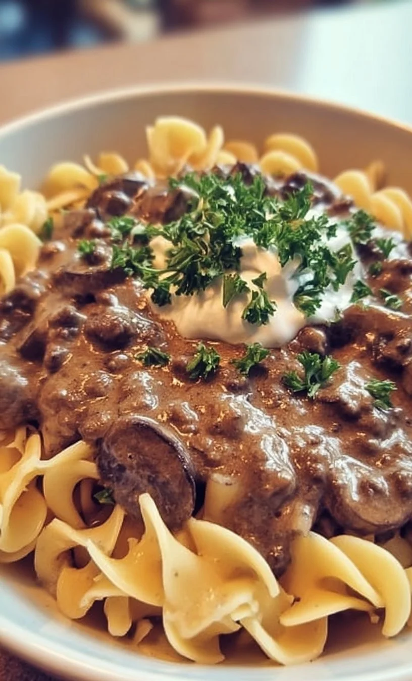 Crockpot Ground Beef Stroganoff with creamy sauce and mushrooms in a bowl