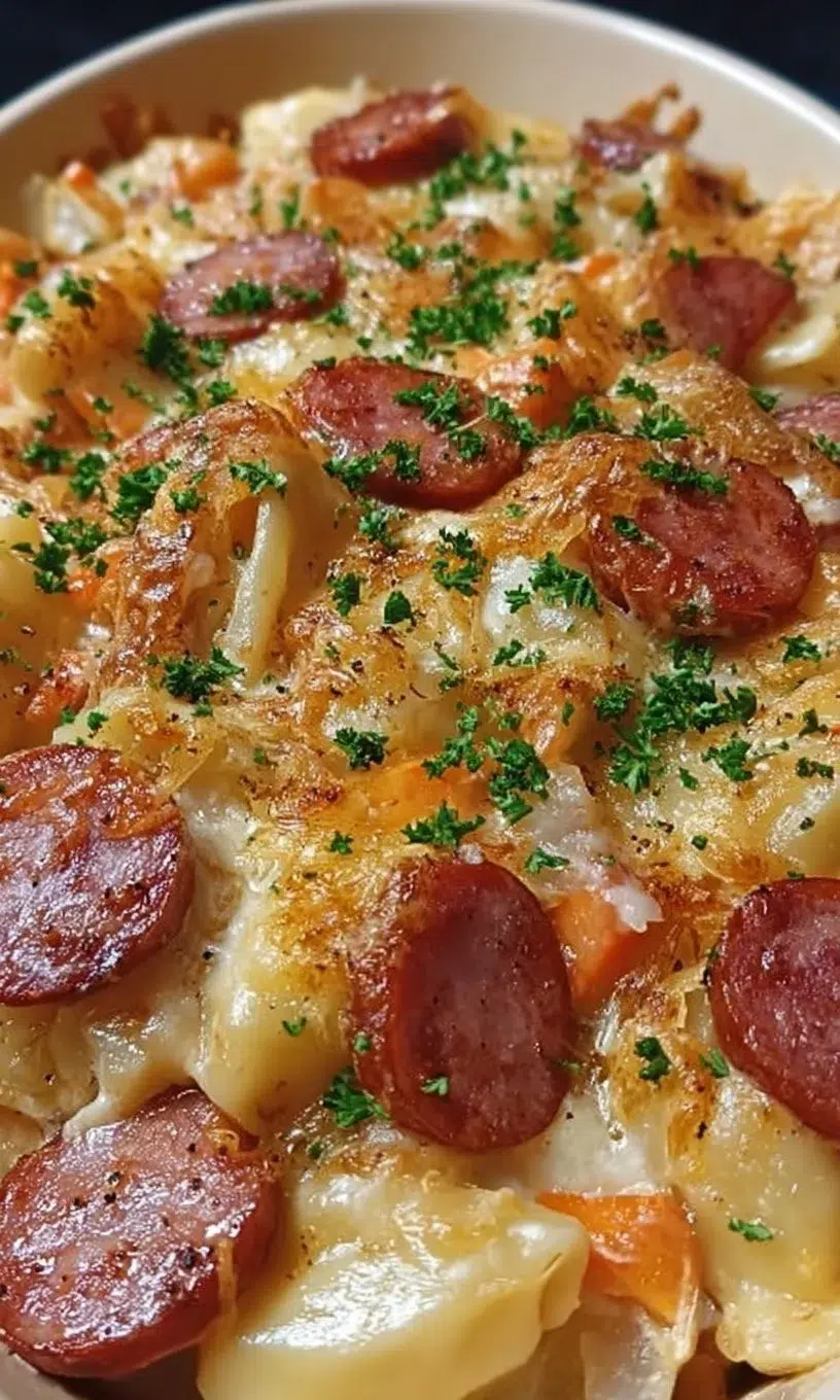 Delicious Crockpot Pierogi Casserole with Kielbasa served in a dish.