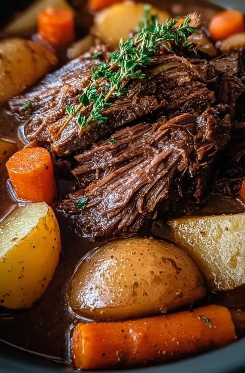 Delicious crockpot pot roast served with vegetables on a plate.