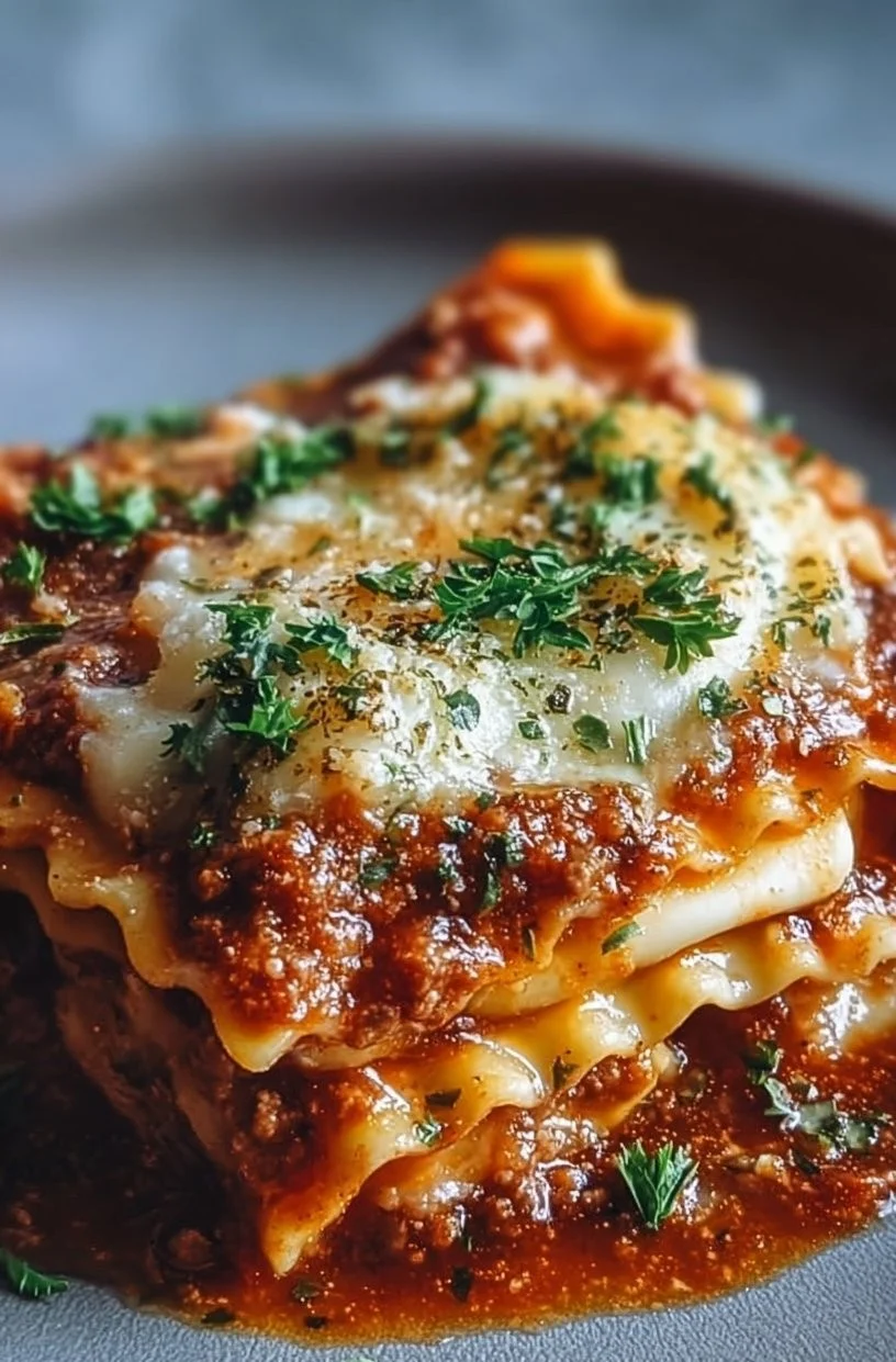 Crockpot Ravioli Lasagna in a slow cooker with melted cheese and sauce