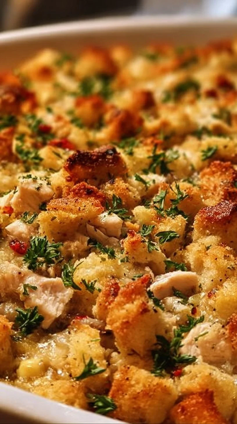 Dolly's Chicken and Stuffing Casserole baked in a dish, ready to serve