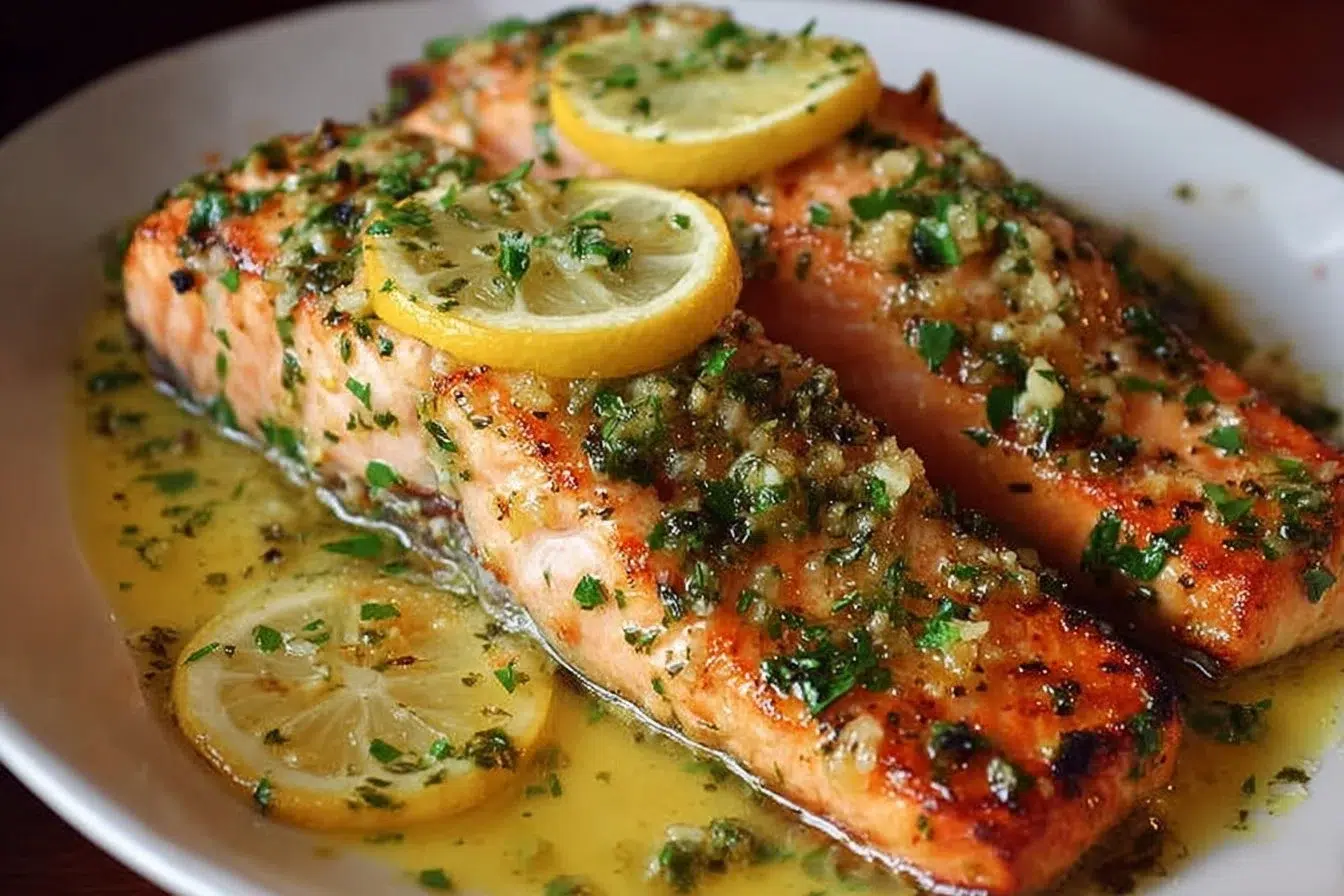 Deliciously roasted Garlic Butter Lemon Salmon fillet garnished with herbs.