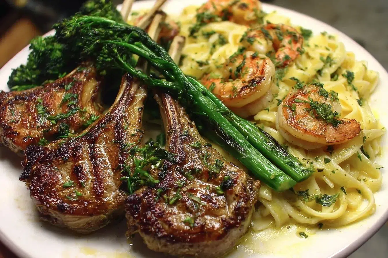 Delicious garlic lamb chops served with shrimp Alfredo and roasted broccolini.