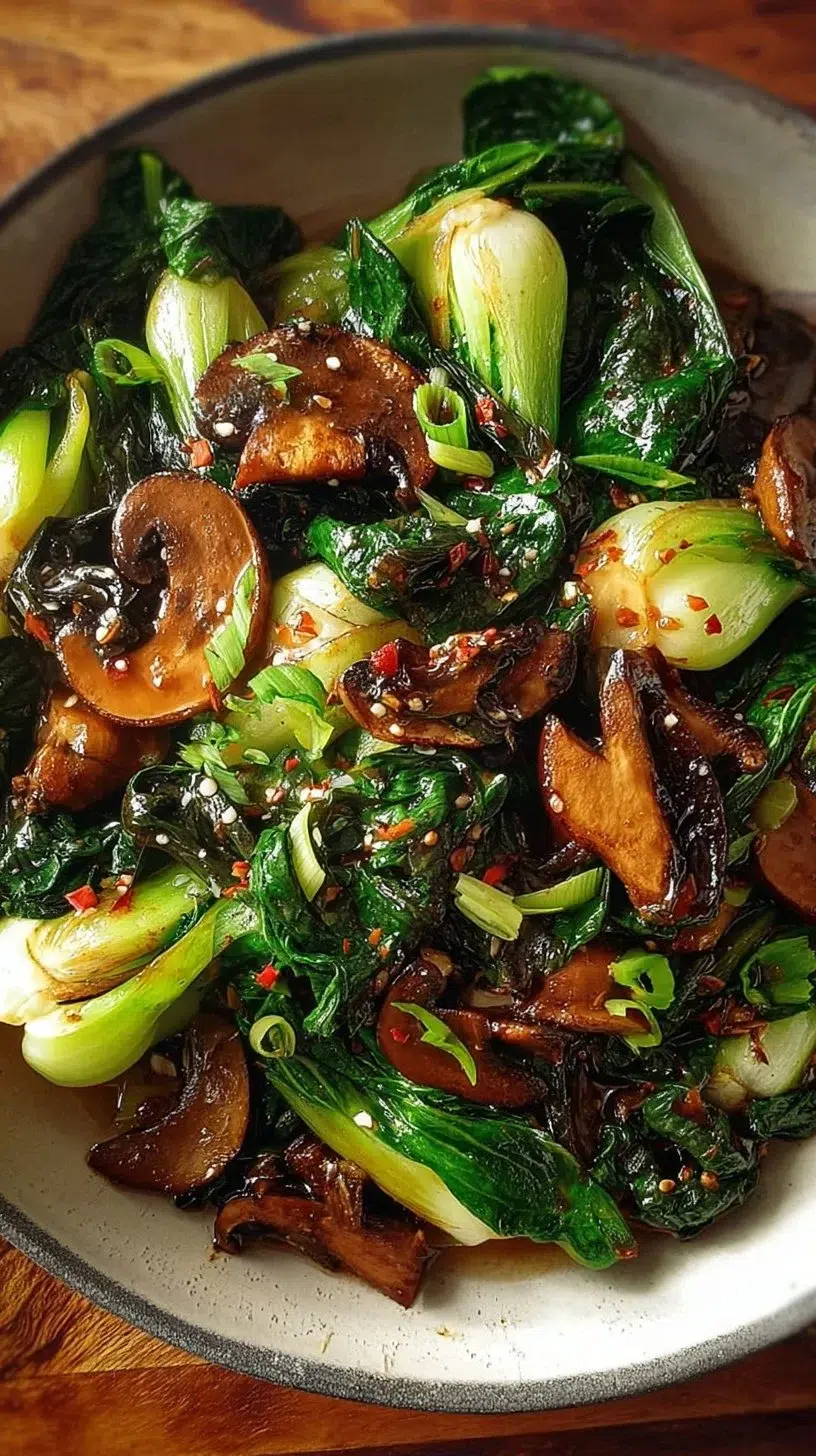 Bok Choy Stir-Fry with Garlic and Mushrooms served on a plate.