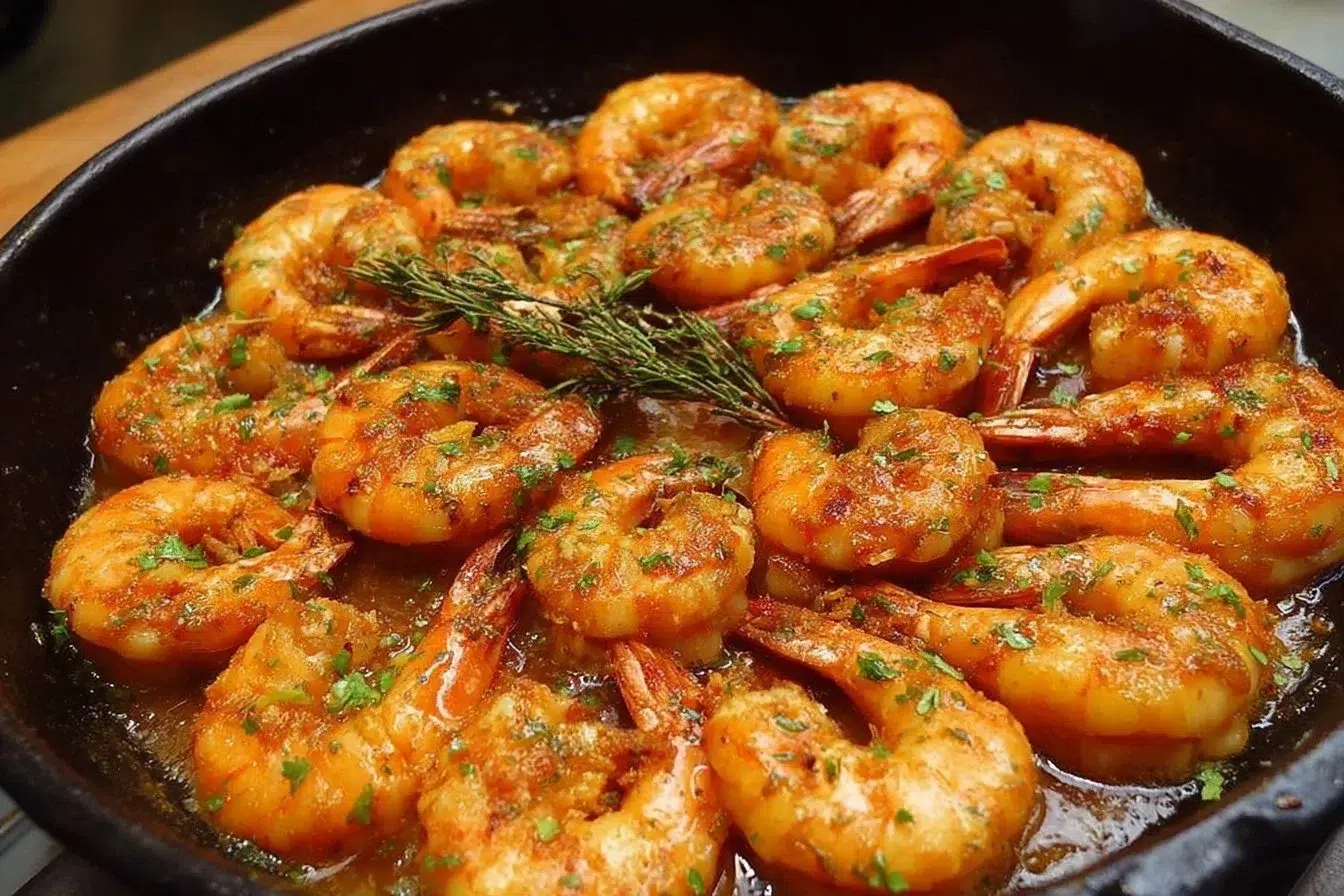 Delicious Garlic Pan Shrimp dish served in a skillet with herbs