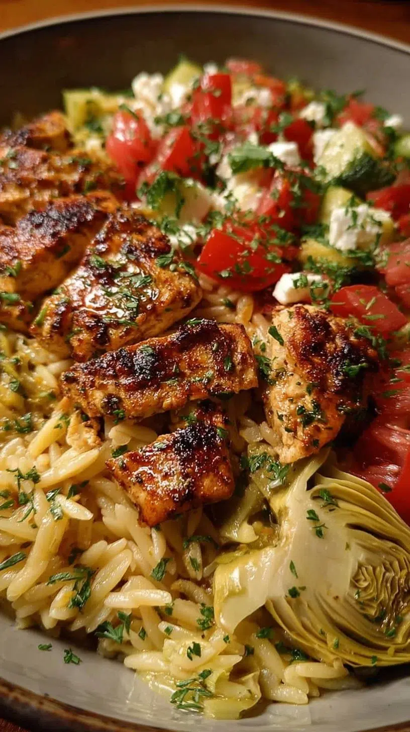 Delicious Greek Chicken Orzo with artichokes and fresh vegetables in a bowl