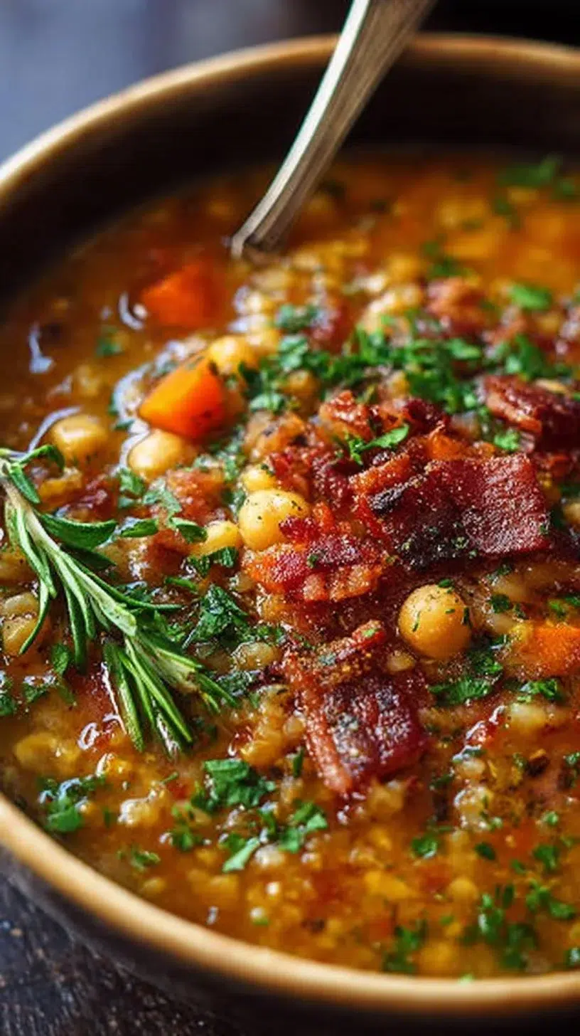 Hearty chickpea and farro soup topped with crispy bacon