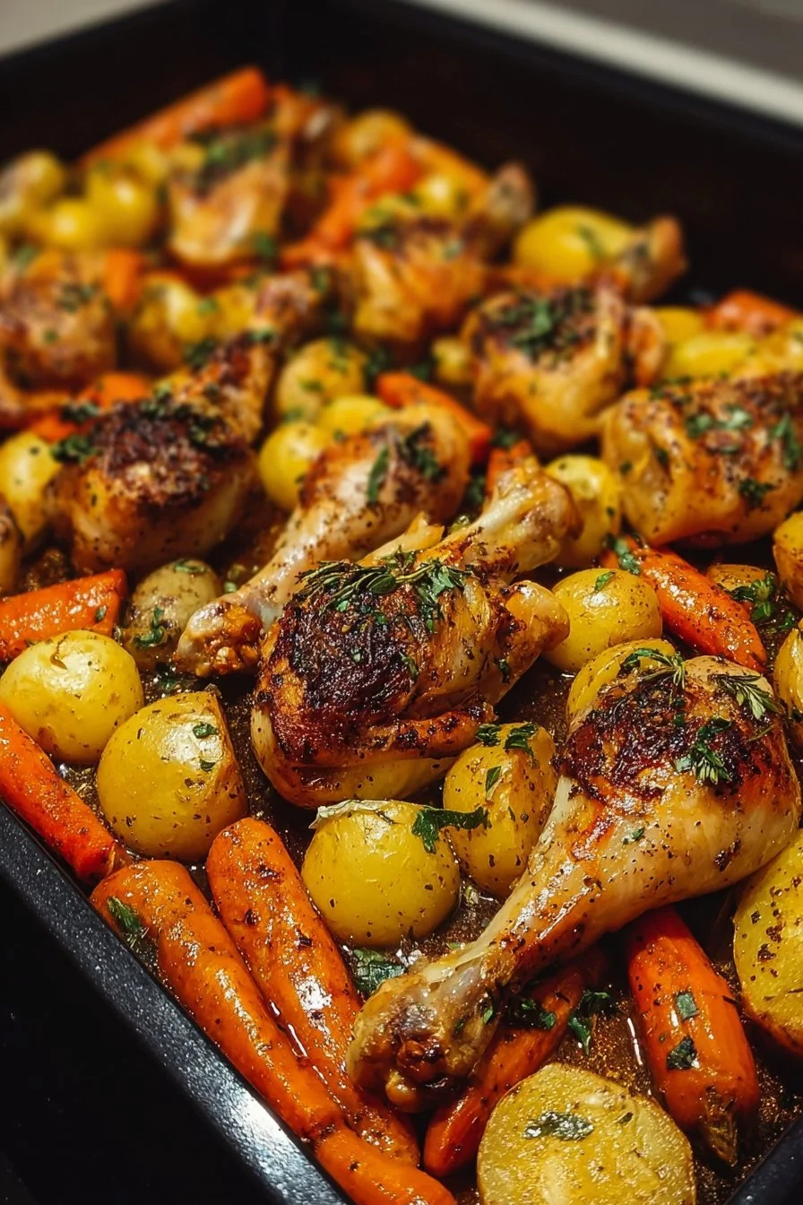Herb-roasted chicken drumsticks with golden potatoes and carrots on a plate