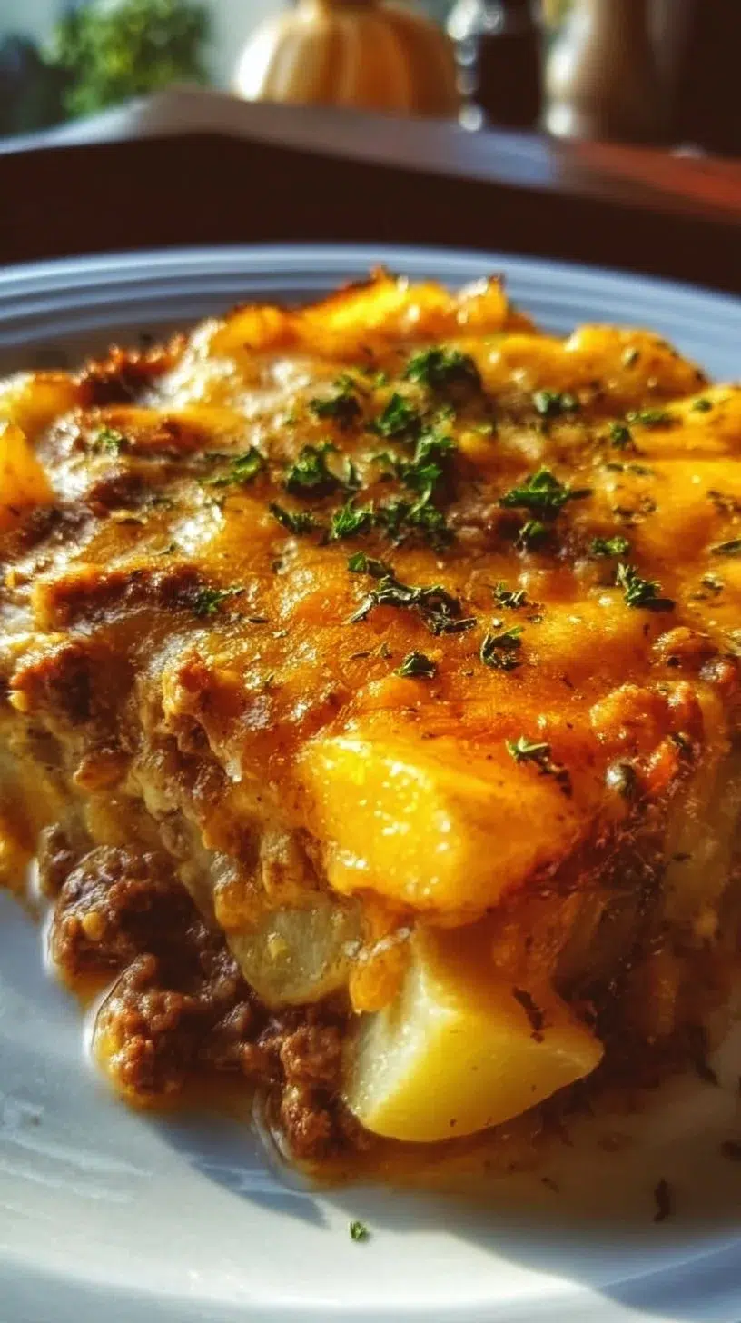 Delicious Hobo Casserole served in a rustic dish, featuring ground beef and vegetables.