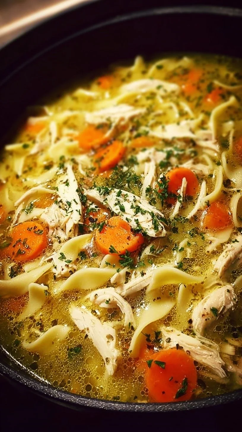 Bowl of homemade chicken noodle soup with fresh vegetables and herbs