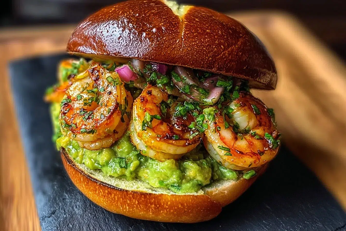 Homemade shrimp burger served with fresh guacamole on a plate