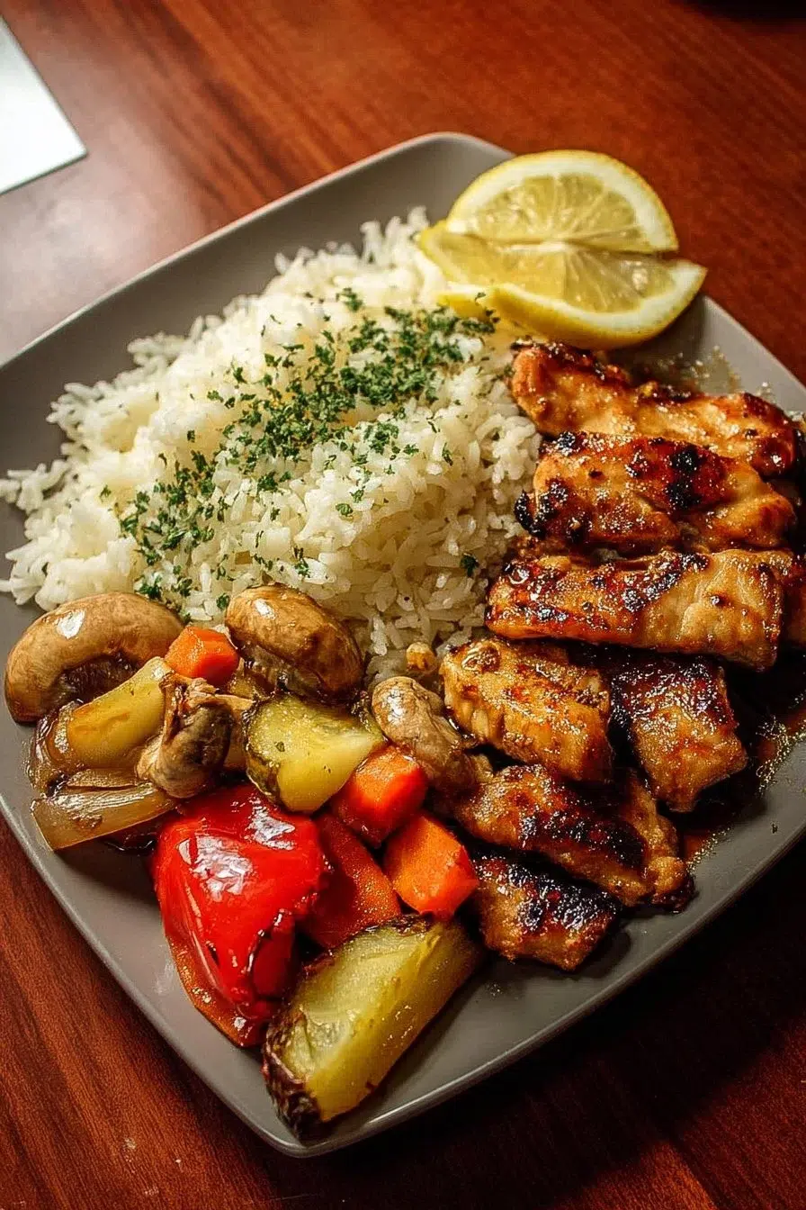 Honey Garlic Chicken plate served with roasted vegetables and rice
