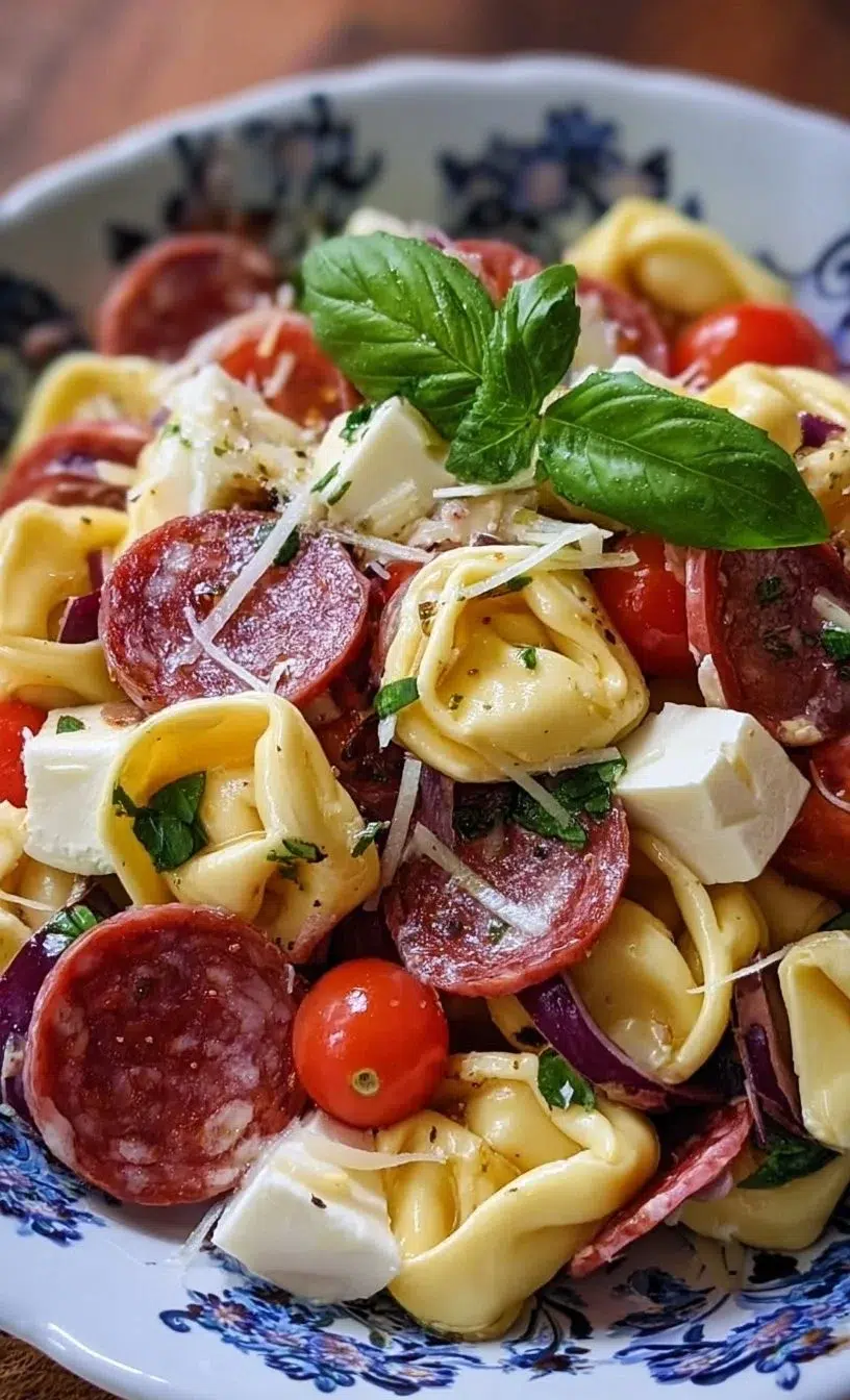 Italian tortellini pasta salad with salami and mozzarella in a bowl