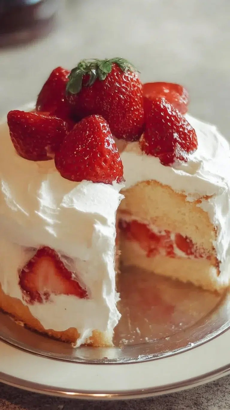 Japanese strawberry sponge cake with fresh strawberries and whipped cream.