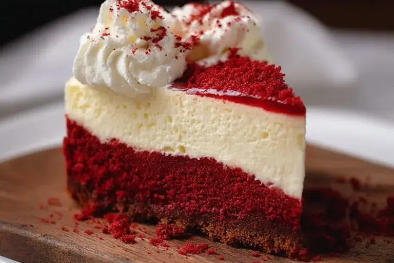 Delicious red velvet cheesecake with cream cheese frosting and chocolate drizzle