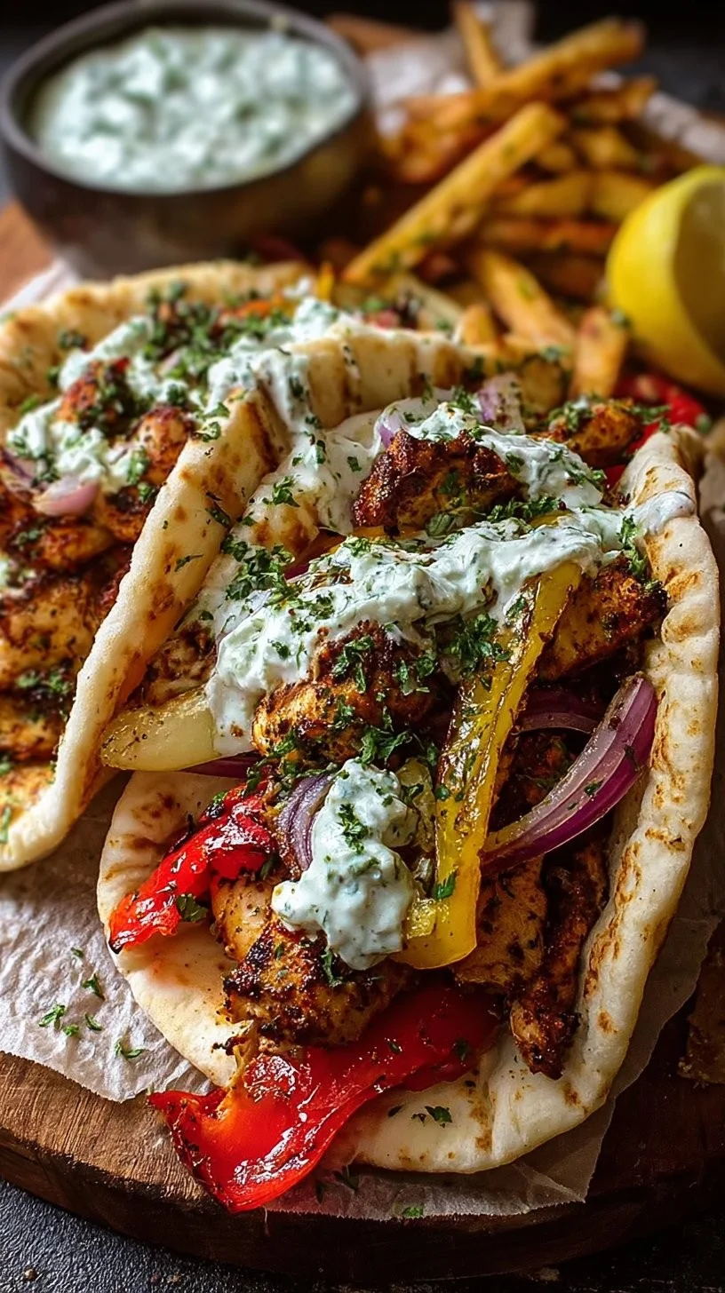 Lemon-Garlic Chicken Pitas with Feta Tzatziki and Roasted Bell Peppers