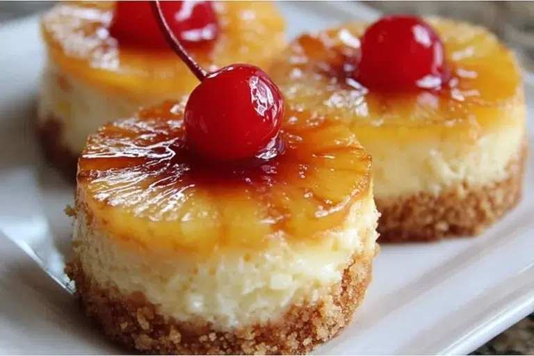 Mini Pineapple Upside-Down Cheesecakes topped with cherries and pineapples.