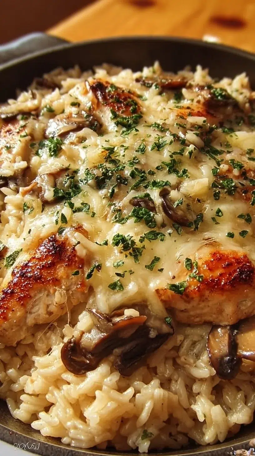 Baked Mushroom Gruyere Chicken Casserole with rice, topped with melted cheese