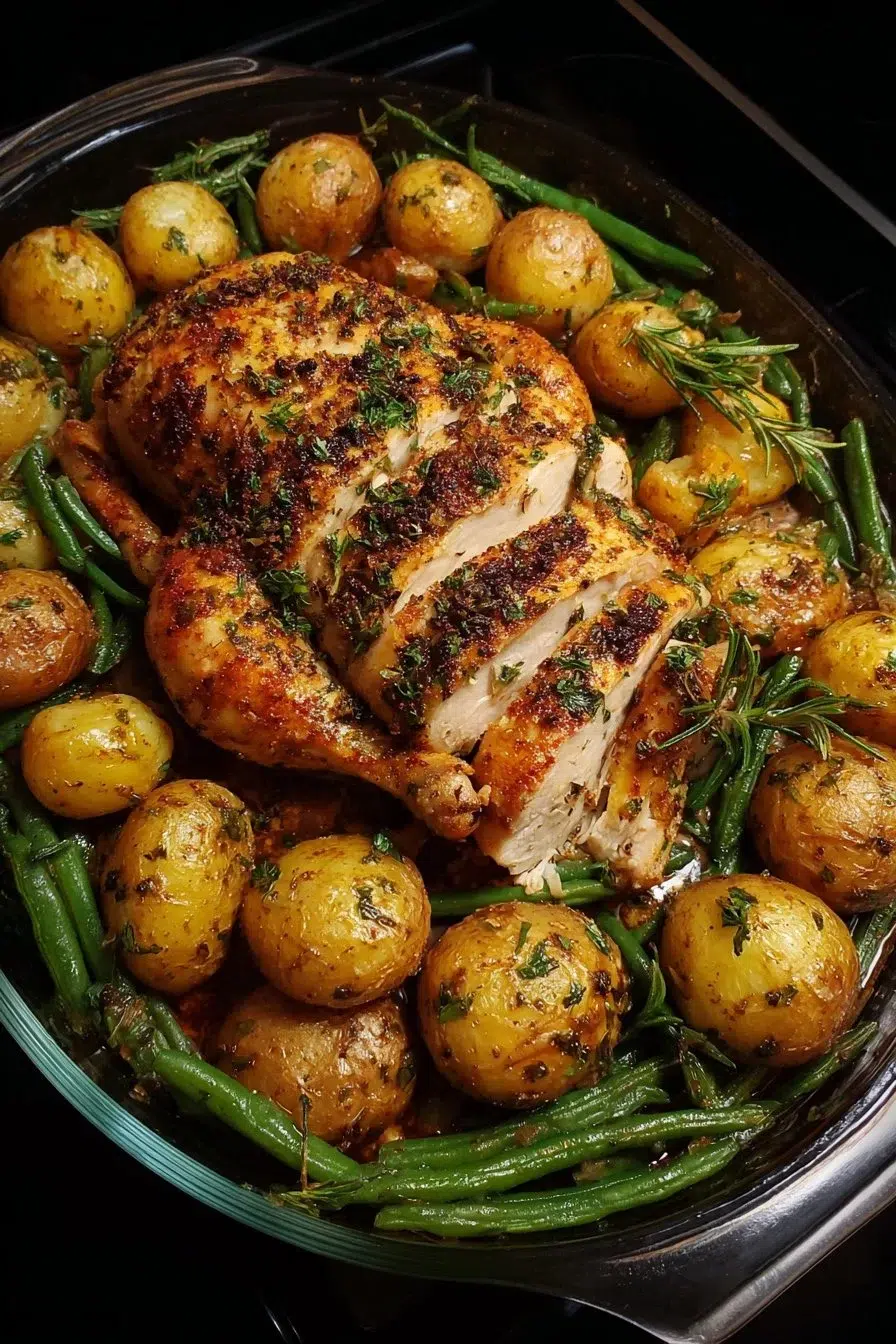 One-Pan Herb Roasted Chicken with Baby Potatoes and Green Beans on a rustic table.