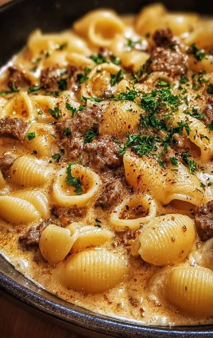 Delicious One-Pot Creamy Beef and Shells plated on a rustic table