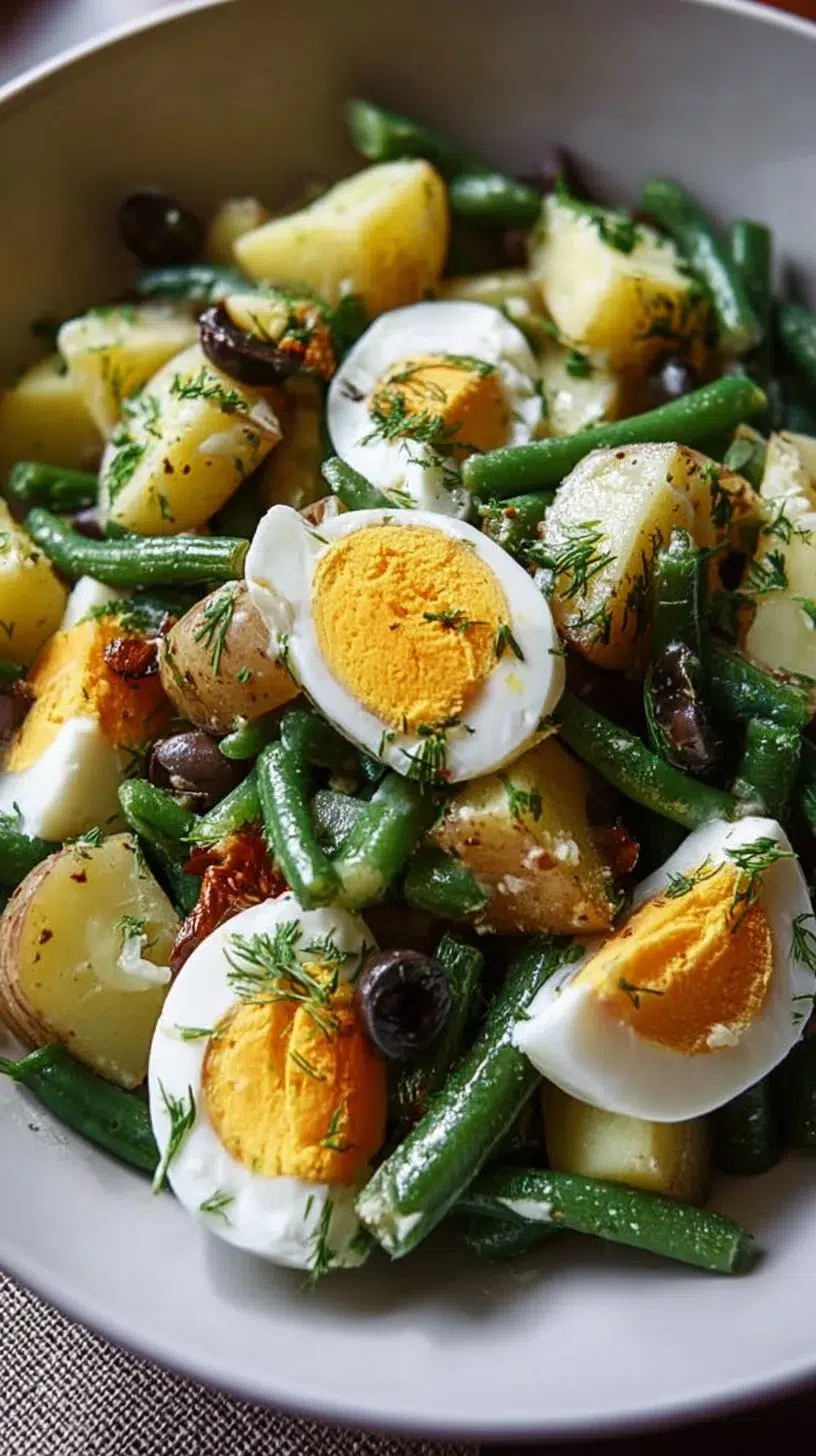 Potato and green bean salad with hard-boiled eggs served in a bowl.