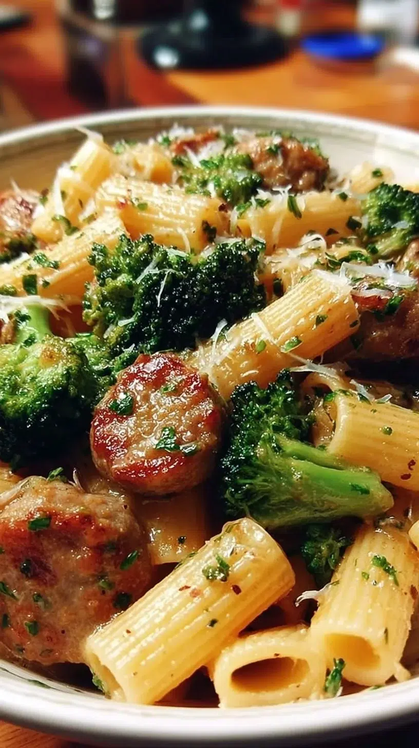 Delicious Sausage Pasta with Broccoli served in a steaming bowl
